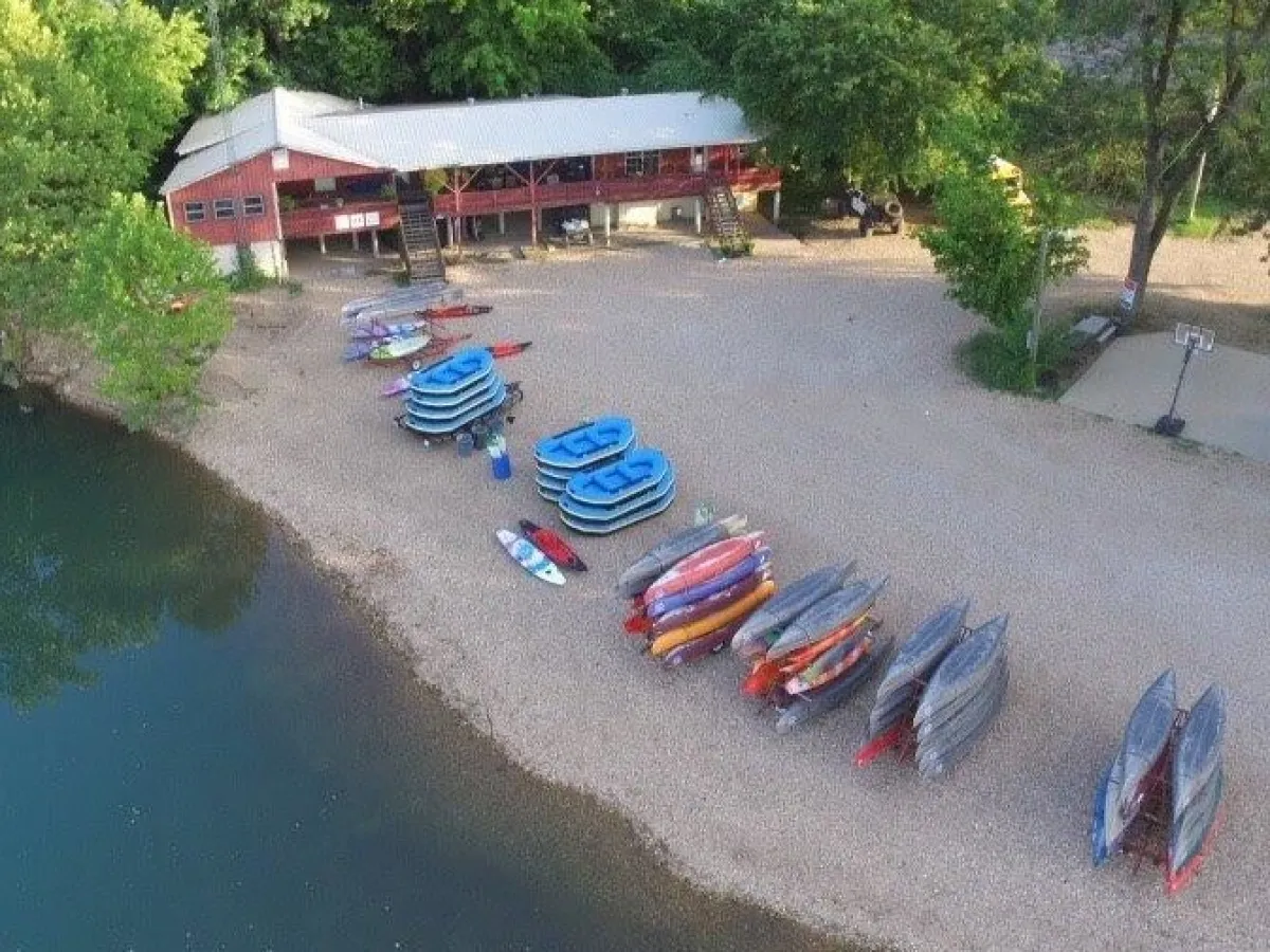 canoes and rafts on shore
