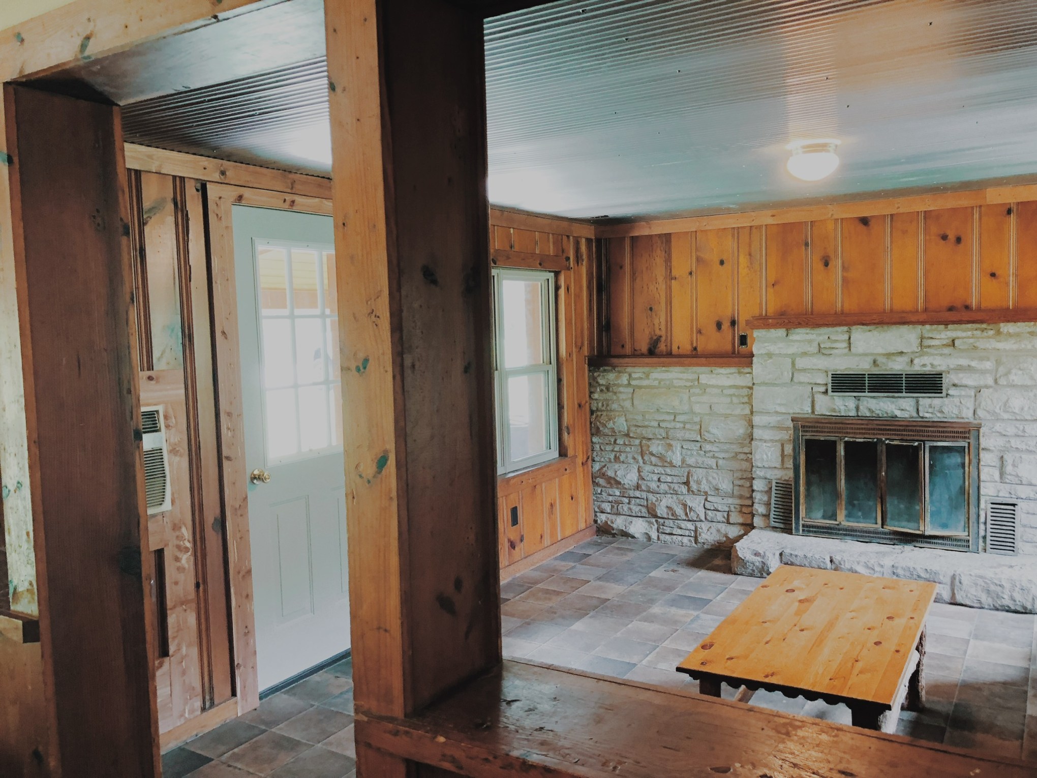 a room with a wooden door